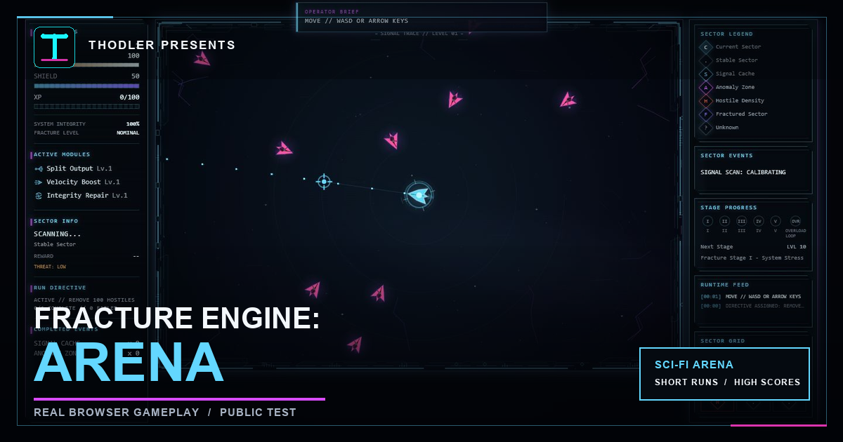 Fracture Engine: Arena gameplay with the player ship, sci-fi arena HUD and sector grid.