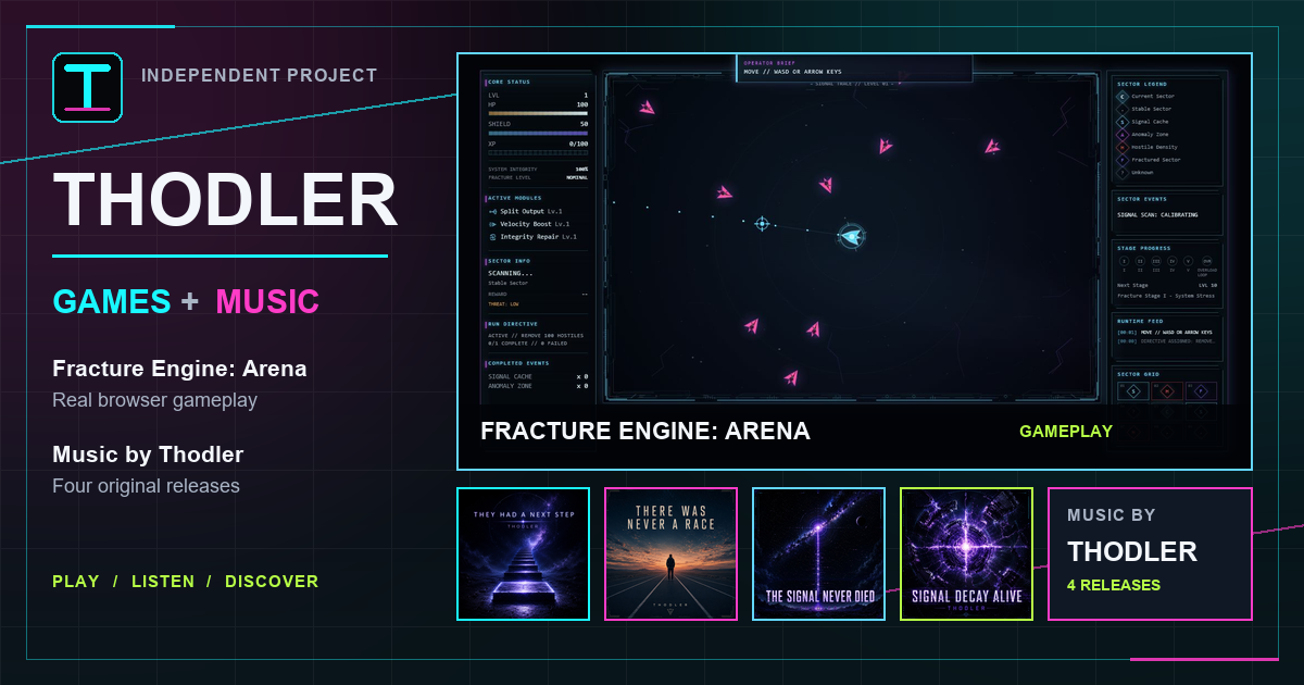 Thodler independent games and music, featuring Fracture Engine: Arena and four original music releases
